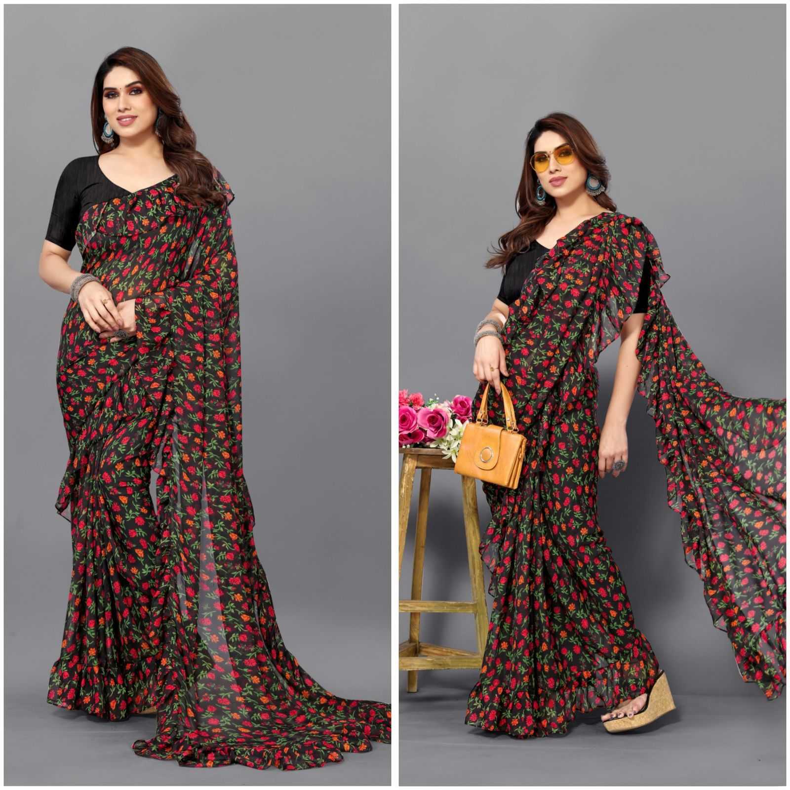 YNF Wholesale Georgette Printed Sarees KESH163 KORA RUFFLE | Surat Manufacturer
