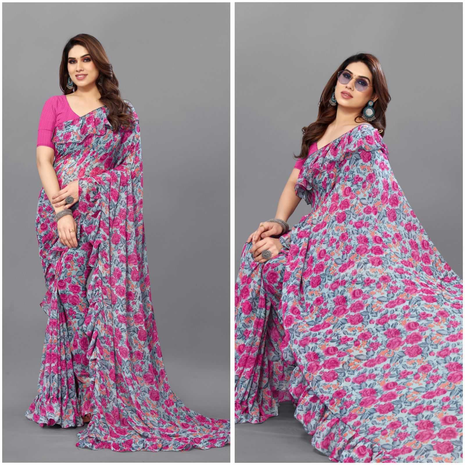 YNF Wholesale Georgette Printed Sarees KESH163 KORA RUFFLE | Surat Manufacturer