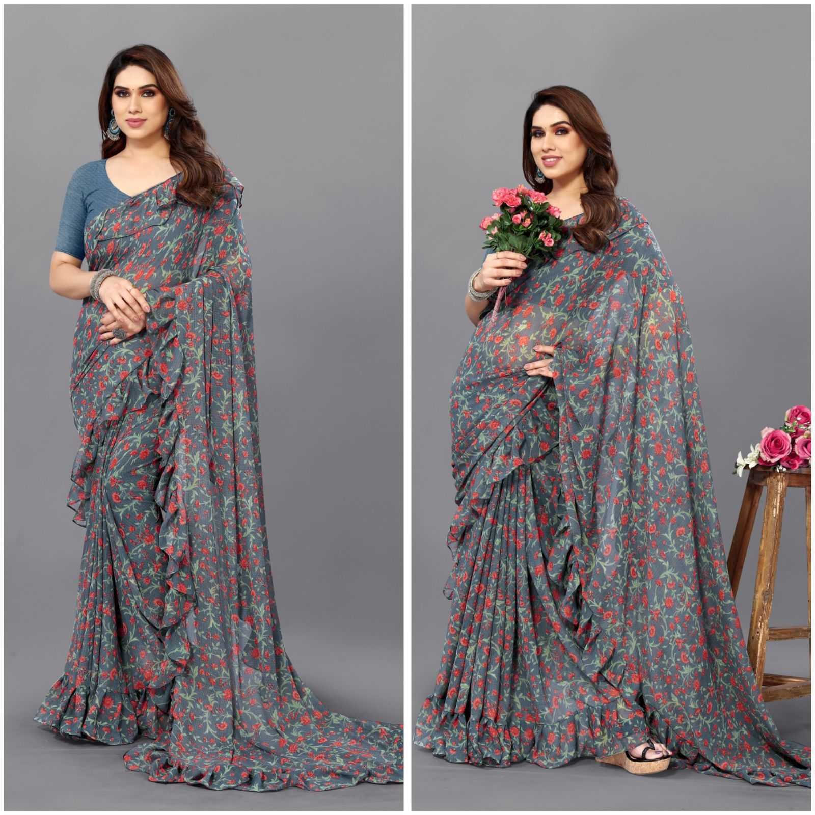 YNF Wholesale Georgette Printed Sarees KESH163 KORA RUFFLE | Surat Manufacturer