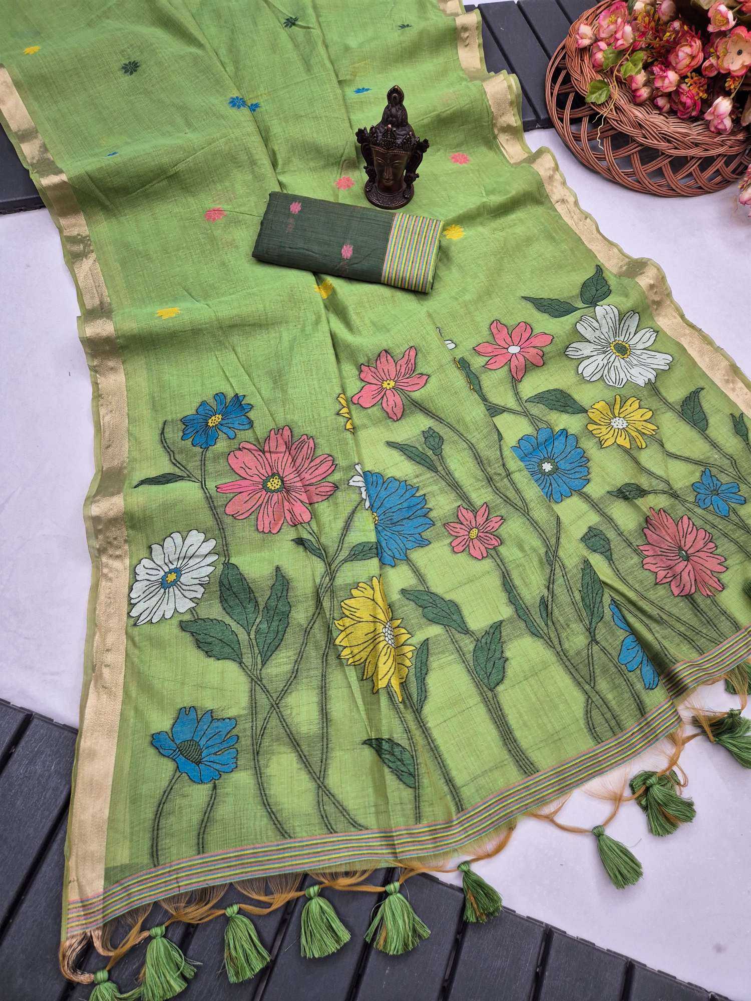 YNF Wholesale Cotton Zari Border Sarees KESH634 Flowers | Surat Manufacturer