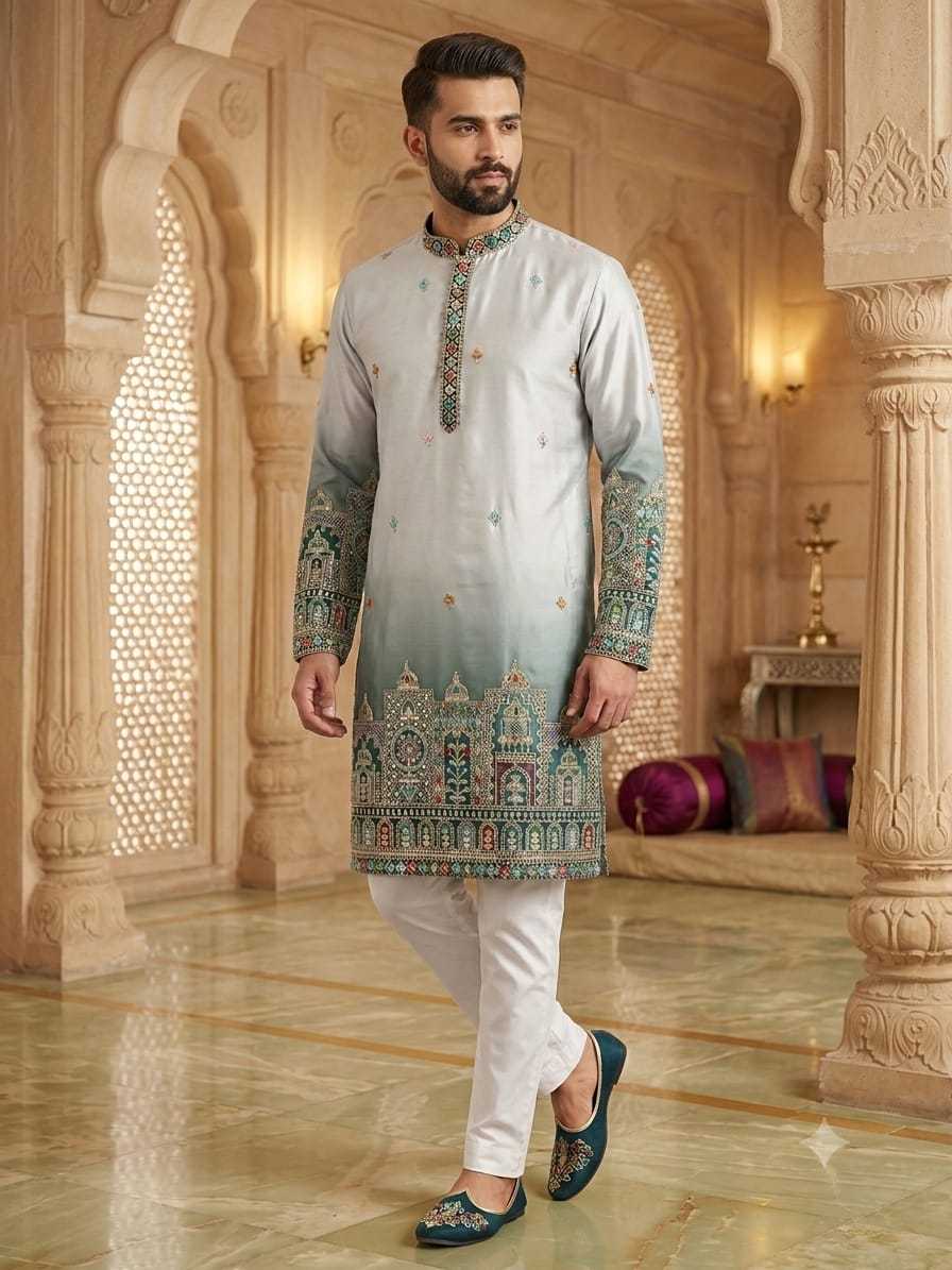 YNF Wholesale Malay Satin Silk Mens Kurta Pyjama KESH650 Bac | Surat Manufacturer
