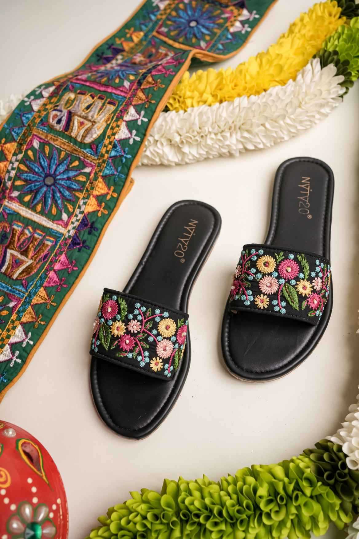 YNF Wholesale Heavy Roman Silk Casual Ethnic Footwear KESH641 Black malti design | Surat Manufacturer