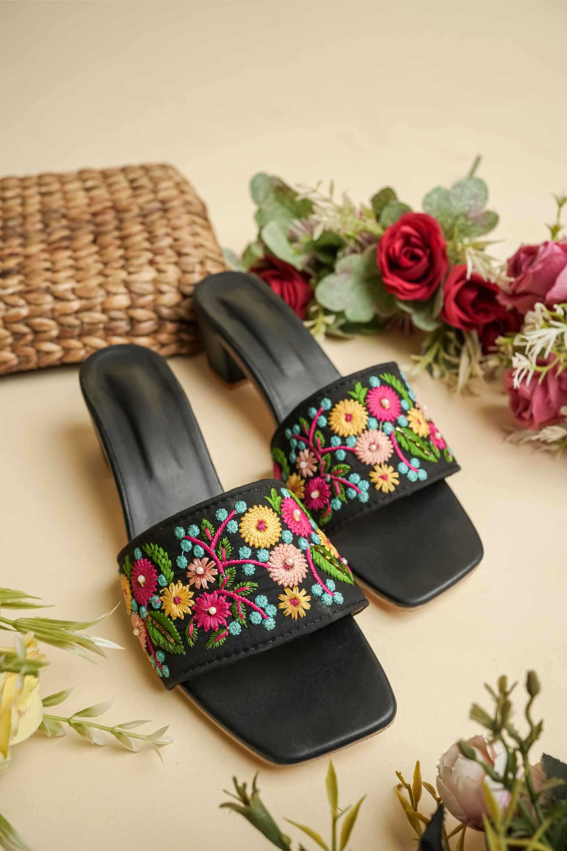 YNF Wholesale Heavy Roman Silk Handcrafted Designer Footwear KESH641 Black malti heels | Surat Manufacturer