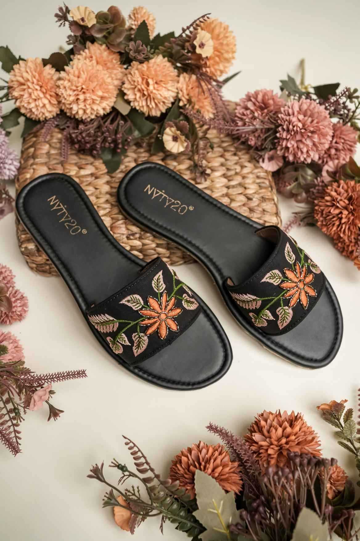 YNF Wholesale Premium Roman Silk Casual Ethnic Footwear KESH641 Orange flower flate | Surat Manufacturer