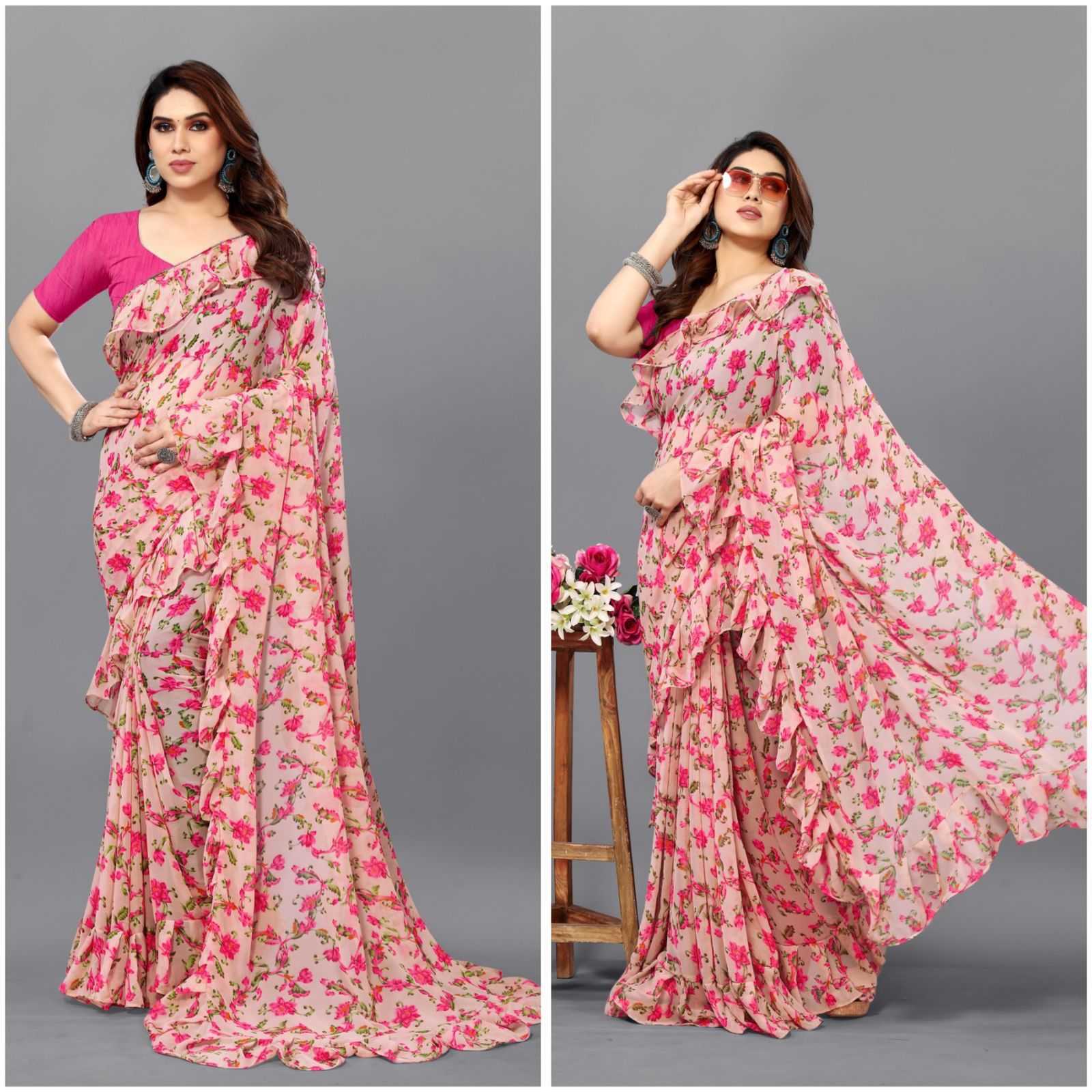 YNF Wholesale Georgette Printed Sarees KESH163 KORA RUFFLE | Surat Manufacturer