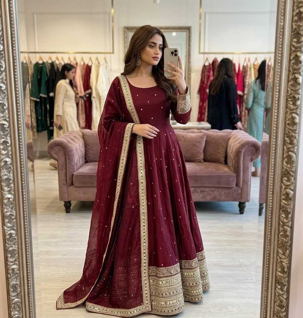 Keevaa Exporter  Satin Silk Embroidered Gown - YNF Online