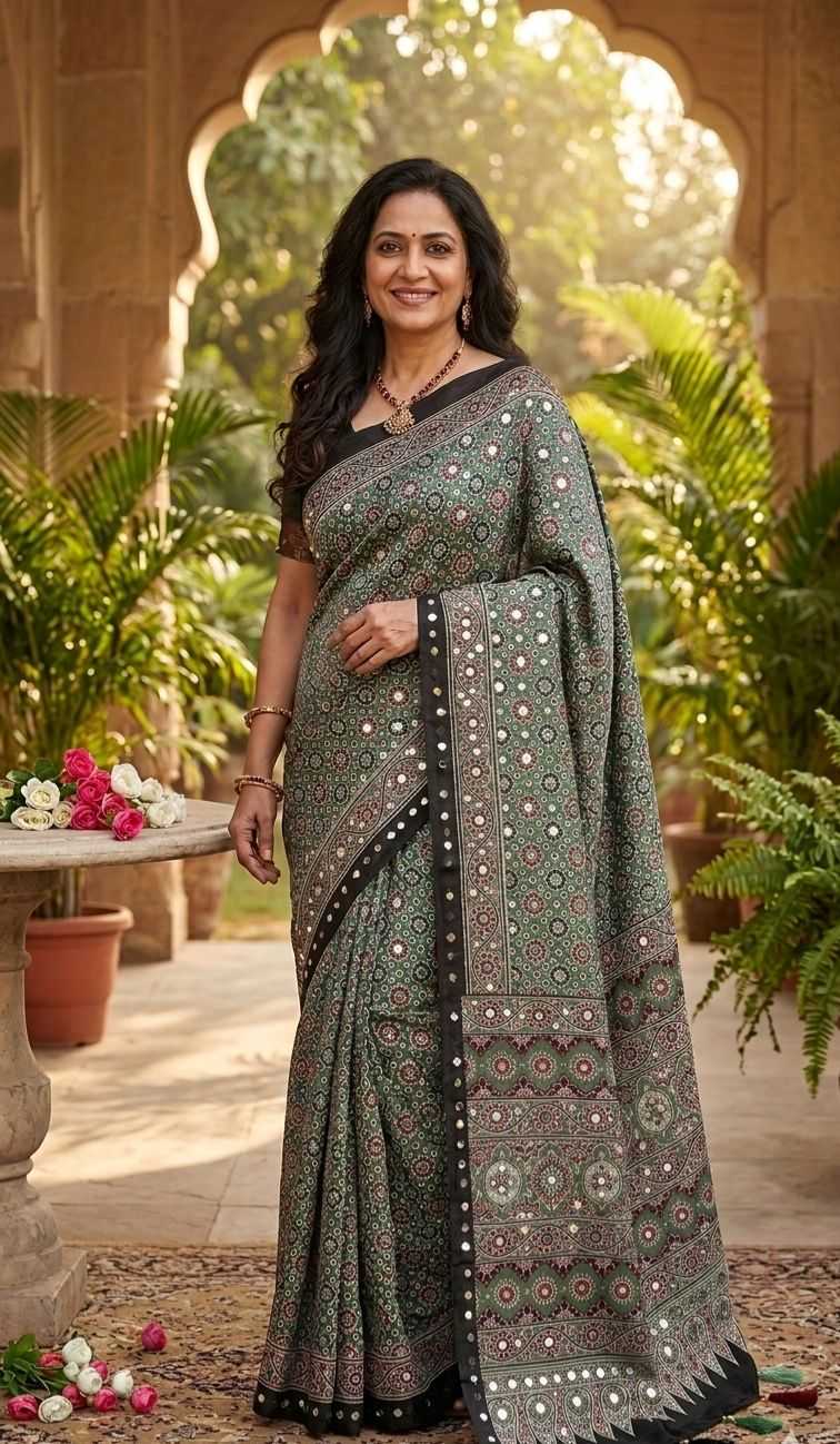 YNF Wholesale Satin Ajrakh Sarees  | Surat Manufacturer