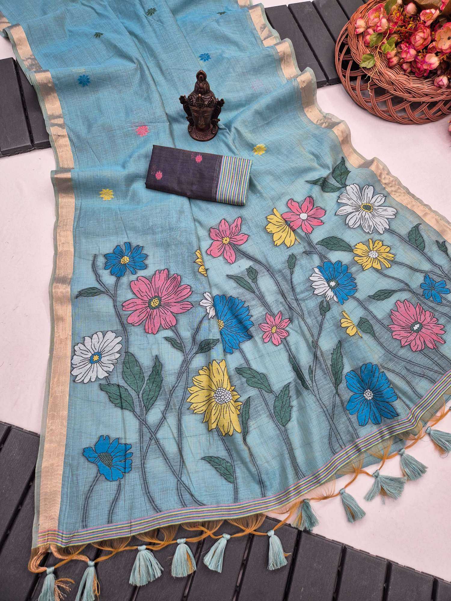 YNF Wholesale Cotton Zari Border Sarees KESH634 Flowers | Surat Manufacturer
