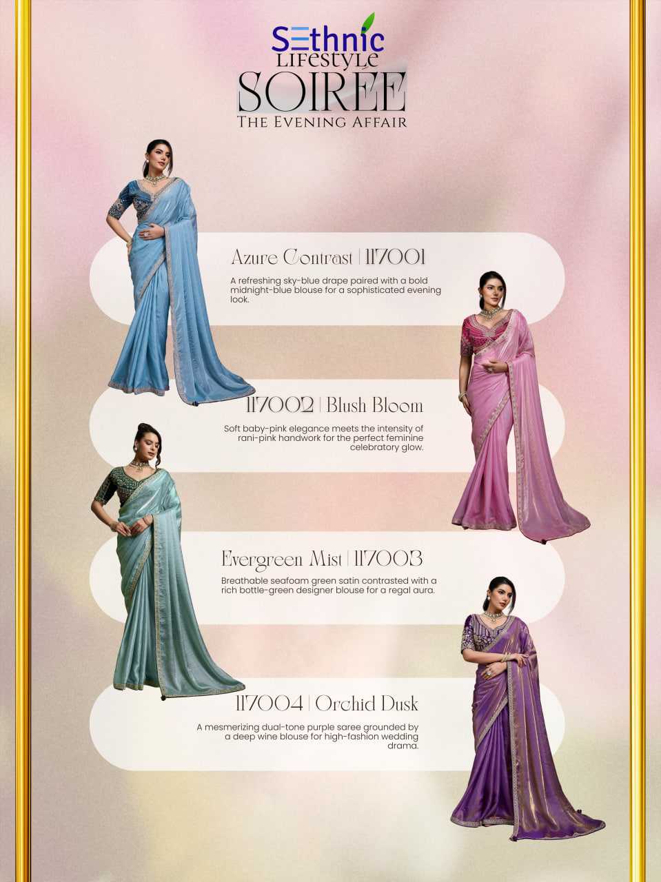 YNF Wholesale Satin Designer Sarees KESH113 Sethnic Lifestyle Soiree 117001-04 | Surat Manufacturer
