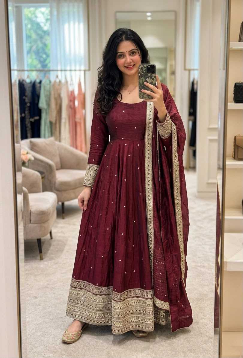 Keevaa Exporter  Satin Silk Embroidered Gown - YNF Online