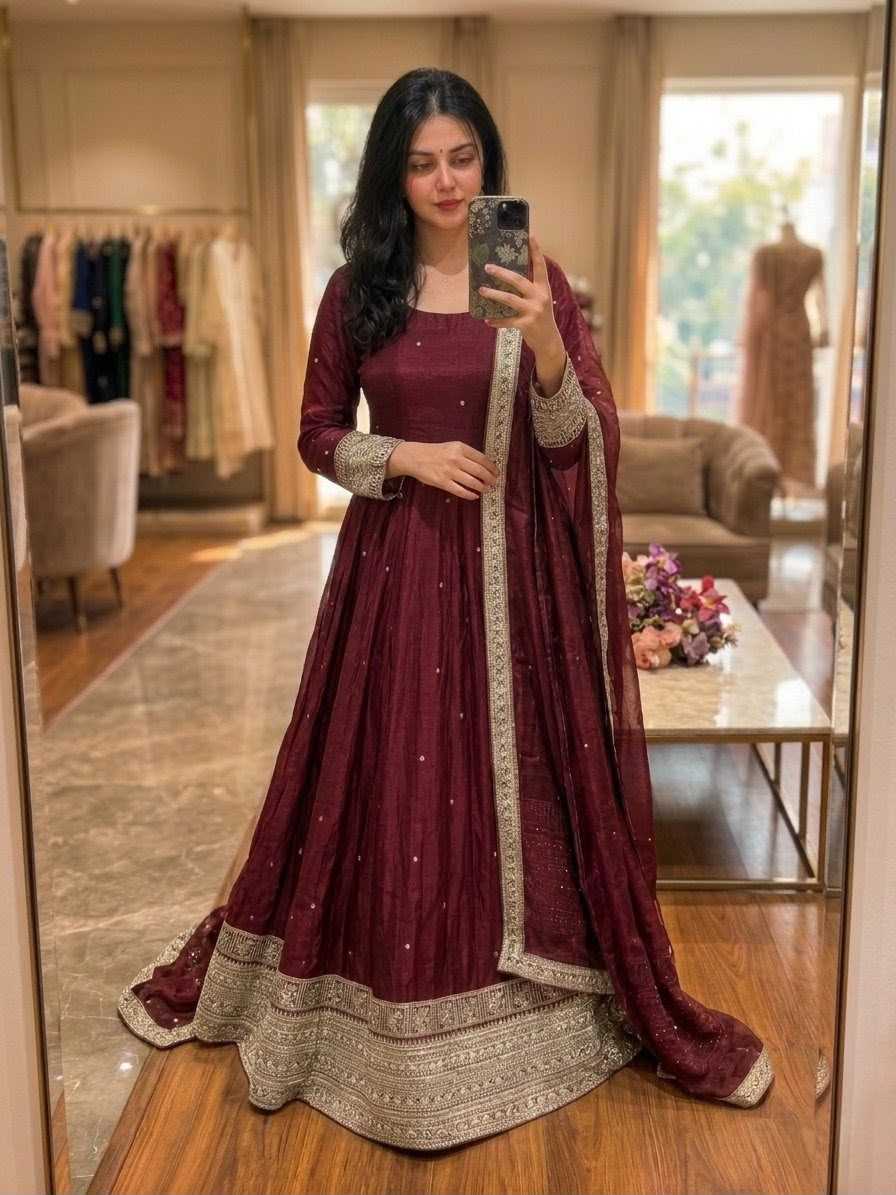 Keevaa Exporter  Satin Silk Embroidered Gown - YNF Online