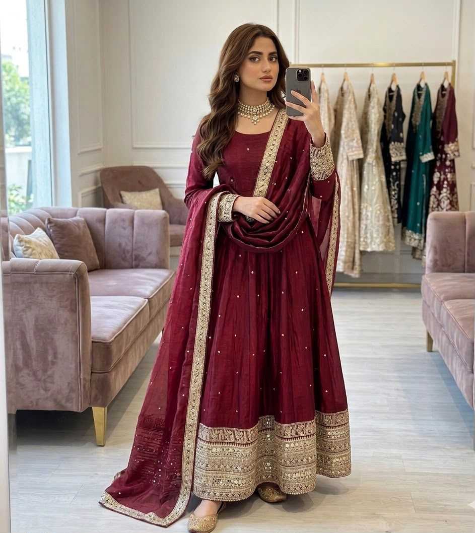 Keevaa Exporter  Satin Silk Embroidered Gown - YNF Online
