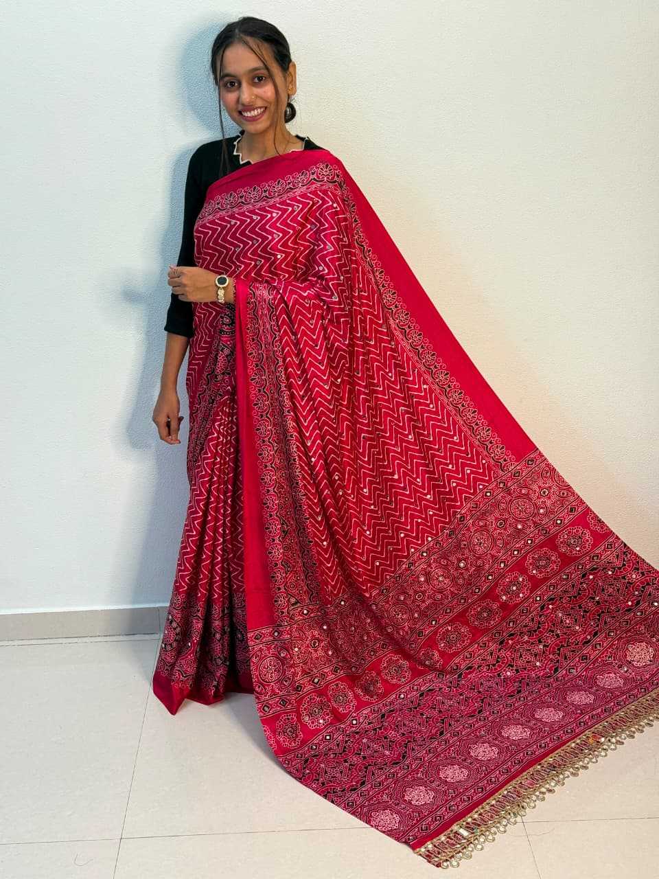 YNF Wholesale Satin Ajrakh Sarees  | Surat Manufacturer