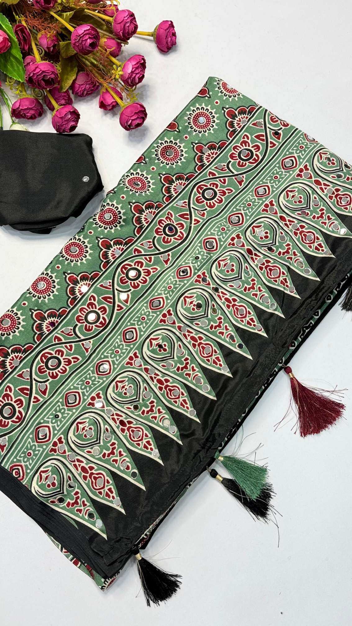 YNF Wholesale Satin Ajrakh Sarees  | Surat Manufacturer