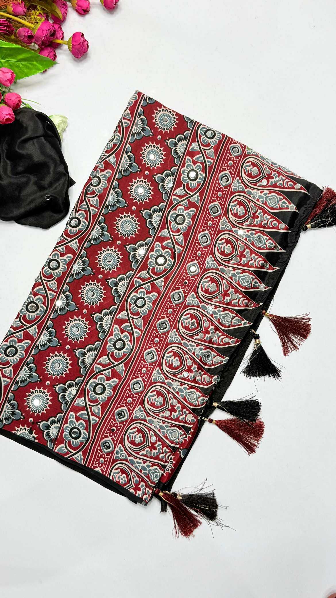 YNF Wholesale Satin Ajrakh Sarees  | Surat Manufacturer