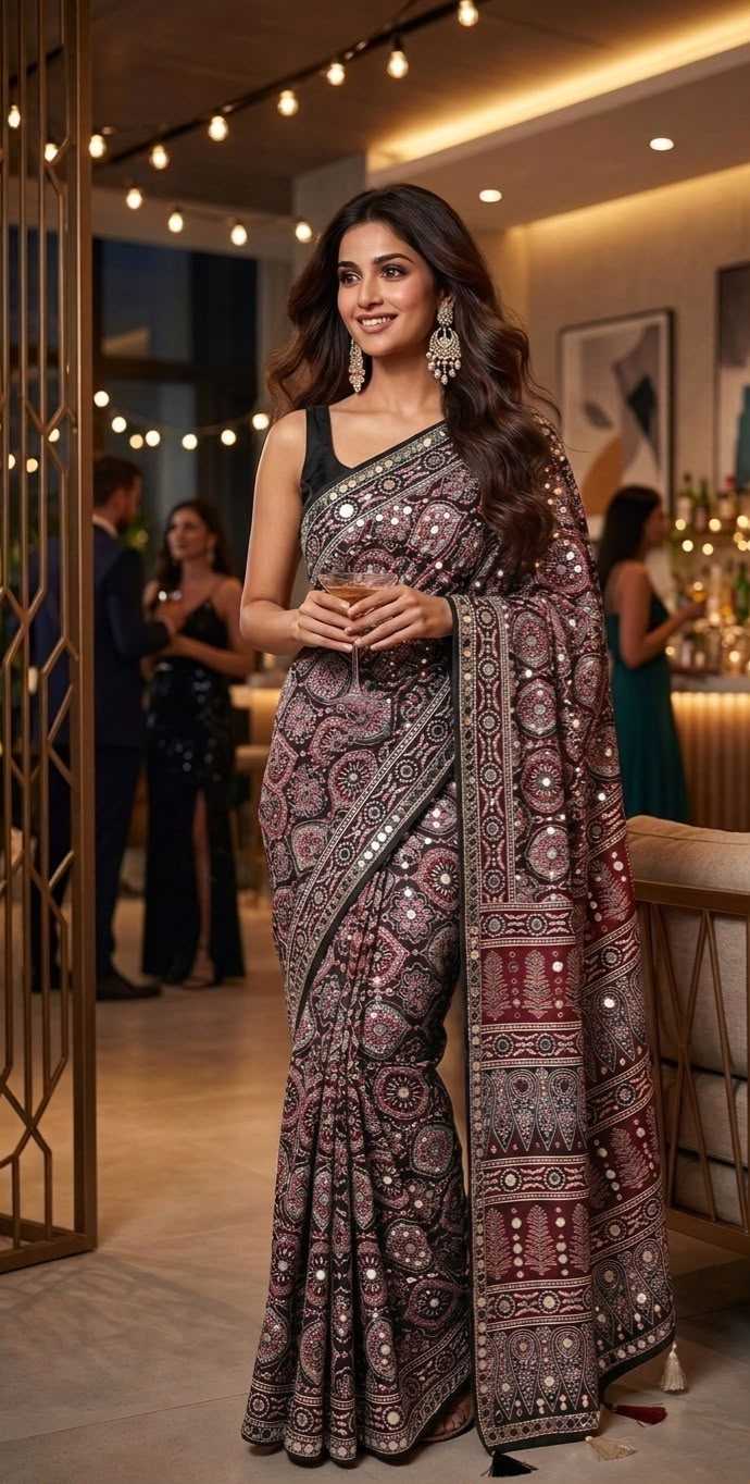 YNF Wholesale Dull Moss Ajrakh Sarees  | Surat Manufacturer