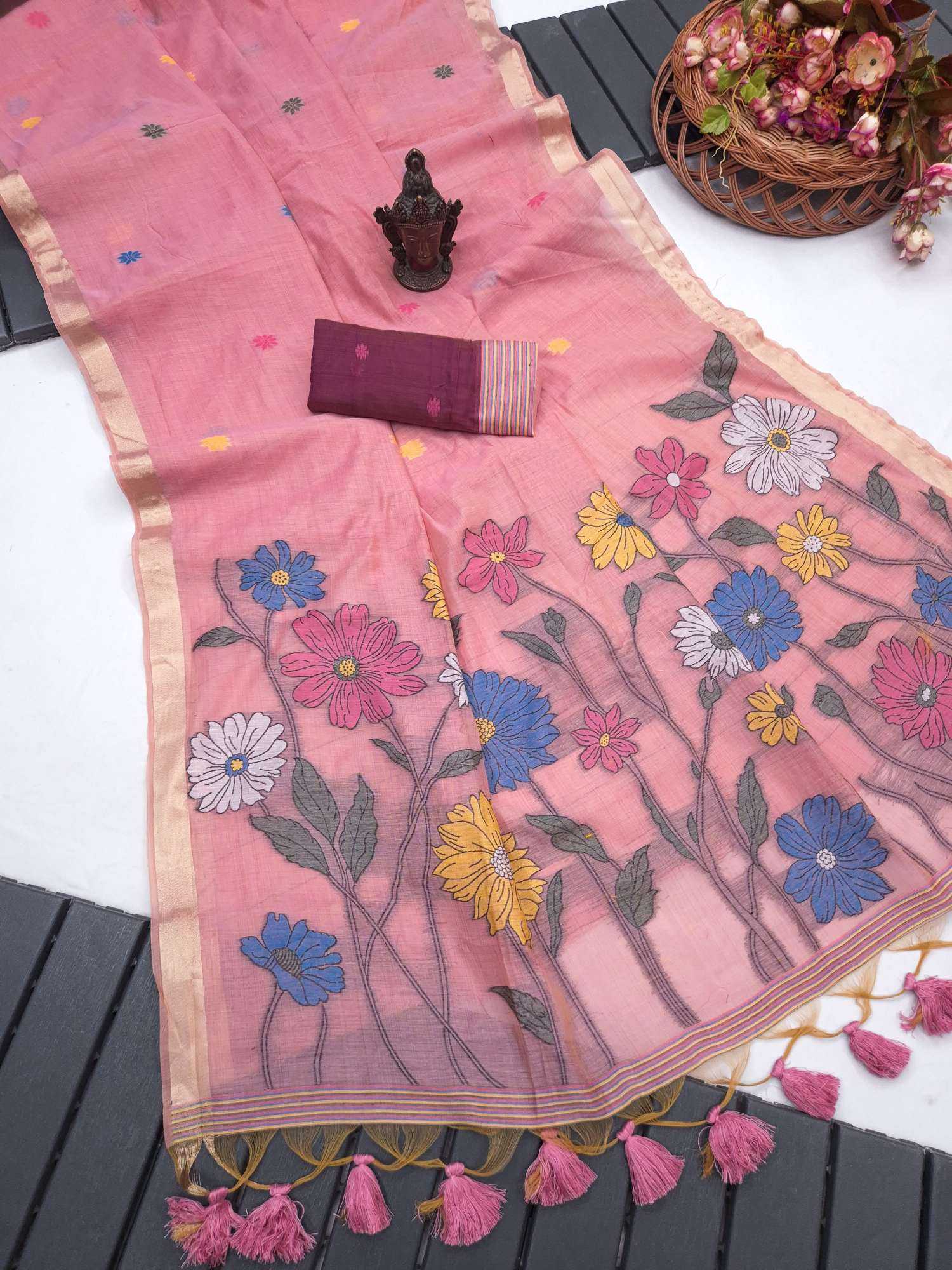 YNF Wholesale Cotton Zari Border Sarees KESH634 Flowers | Surat Manufacturer
