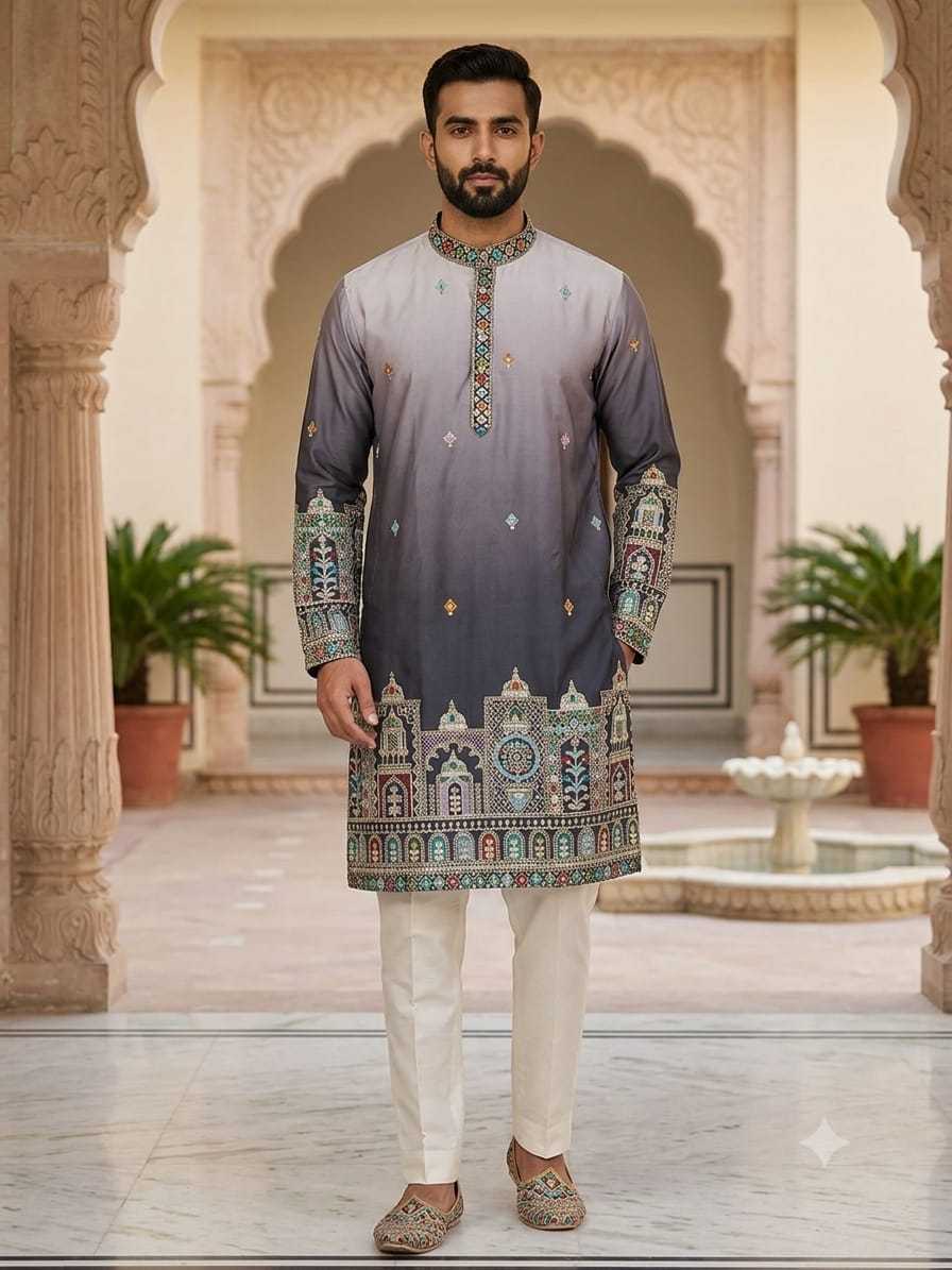 YNF Wholesale Malay Satin Silk Mens Kurta Pyjama KESH650 Bac | Surat Manufacturer