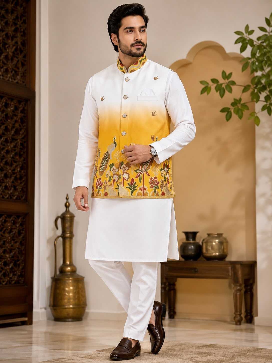 YNF Wholesale Malay Satin Silk Mens Kurta Pyjama KESH650 Koti | Surat Manufacturer