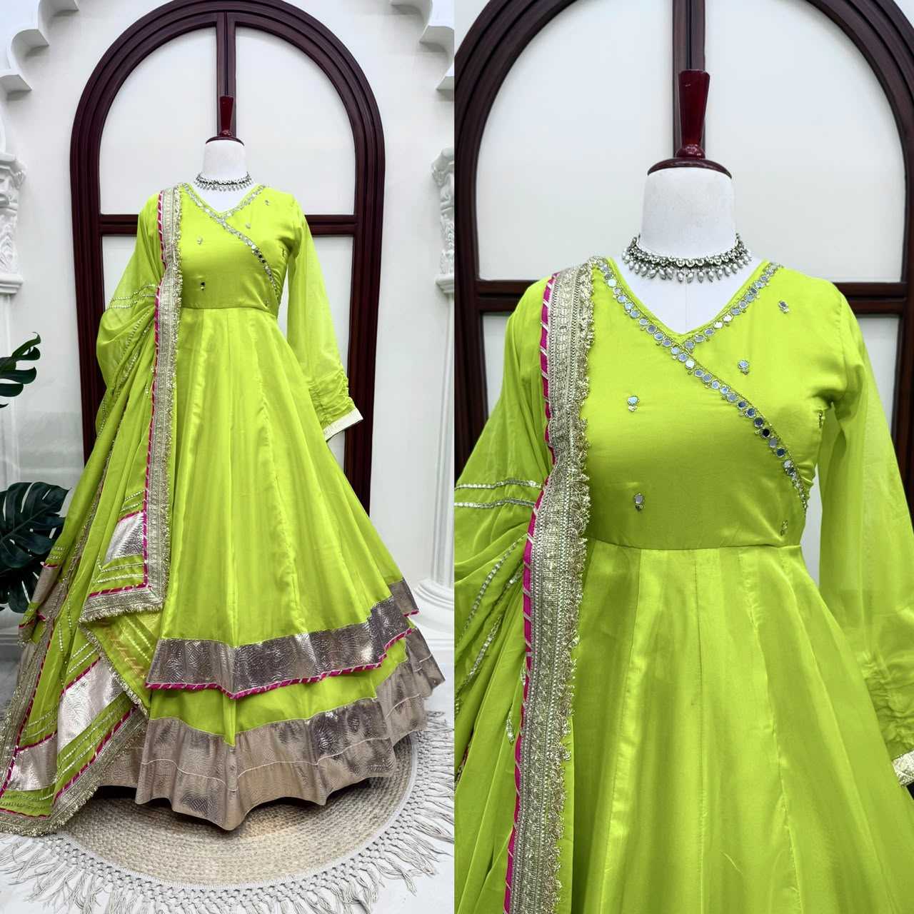YNF Wholesale Tabby Silk Organza Mirror Work Lehenga RIN162 6048 | Surat Manufacturer